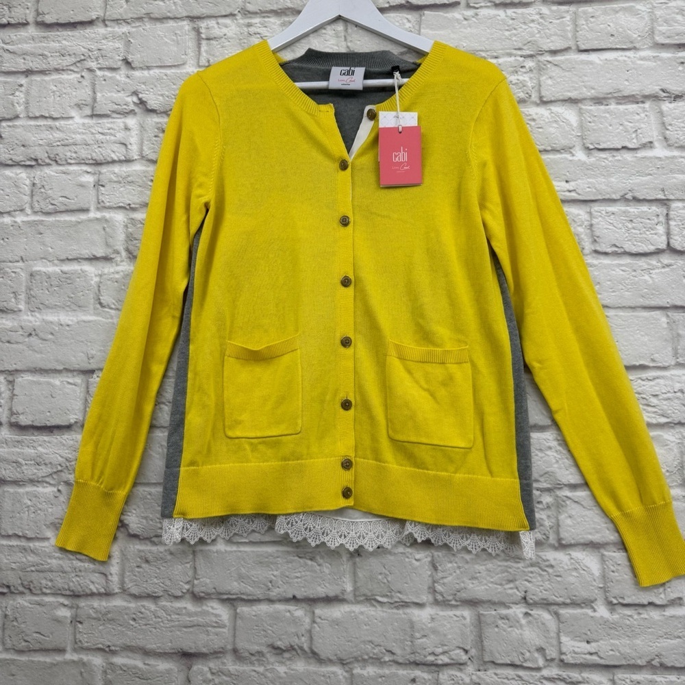 CAbi Belle Cardigan Yellow Gray Layered Lace Hem Sweater Size Medium Layered